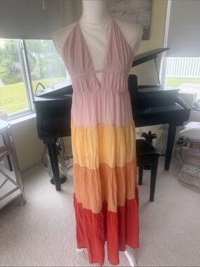Cupshe Sunset glow teired color block gauze maxi halter dress beach womens